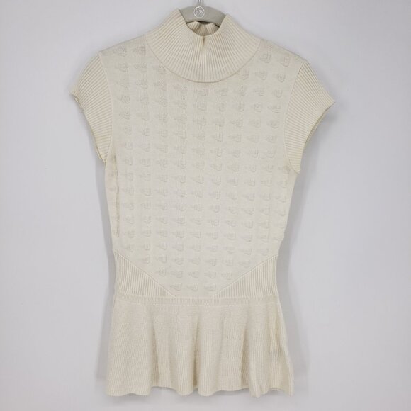 3/$25 Catherine Malandrino Mock Neck Peplum Sweater S Womens Cap Sleeves Cream - Picture 1 of 9